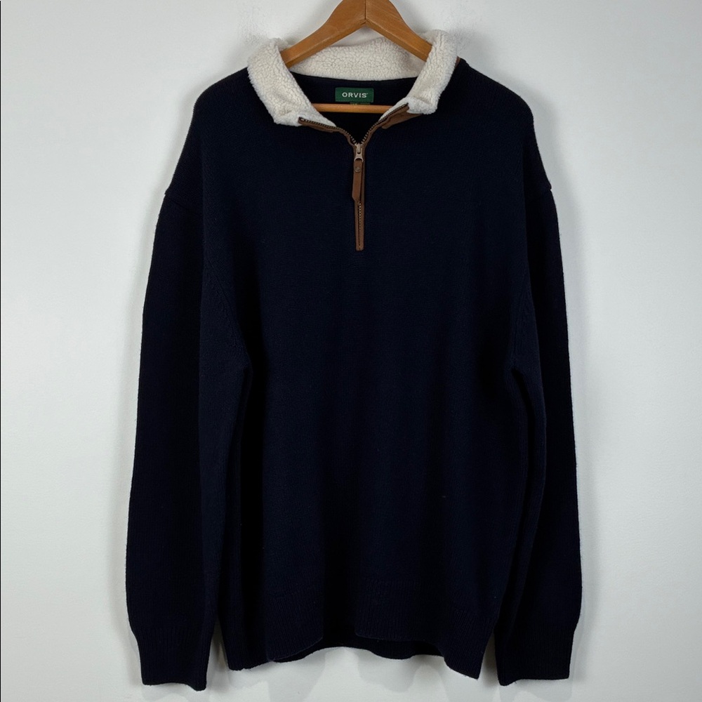Orvis Men's XXL Navy Sweater Lambswool Cream Sherpa Collar 1/4 Zip